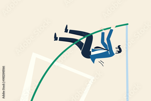 Business goal achievement, success solving business problem or succeed survive on financial crisis concept, successful confident businessman leader jumping pole vault.