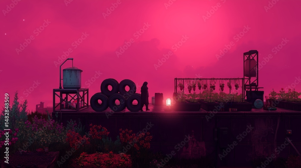 Colorful rooftop garden at sunset with a figure silhouetted against pink sky