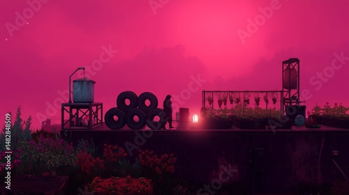 Obraz na płótnie Colorful rooftop garden at sunset with a figure silhouetted against pink sky w salonie