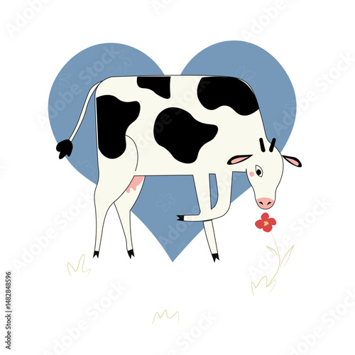 People showing their love to animals and hugging a cow. Friendship between humans and animals. Vegan lifestyle and nature respect concept. Flat cartoon vector illustration.