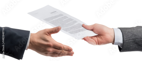 A hand exchanging a document in a professional setting.