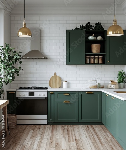Modern Green Kitchen with White Subway Tile and Elegant Lighting