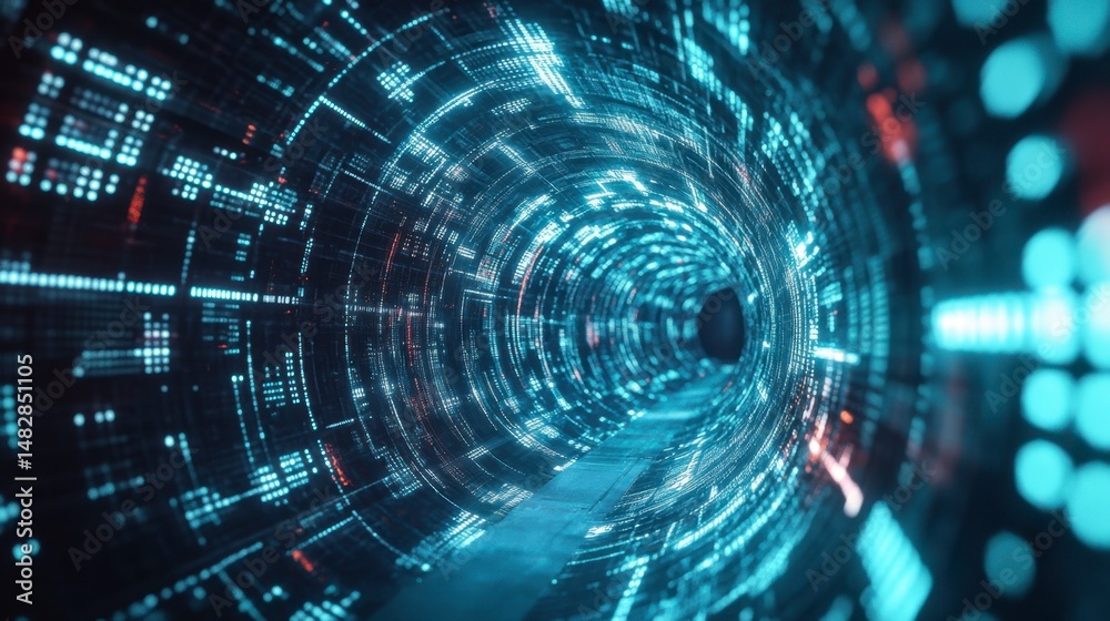 Fototapeta premium Futuristic Digital Tunnel Visualization with Neon Lights and Patterns