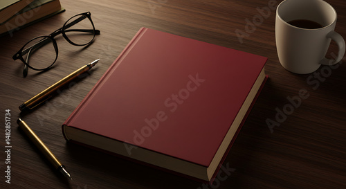 Livro de cor sólida e simples aberto sobre uma mesa cercado por instrumentos de escrita (caneta, óculos, caneca de café)