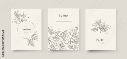 Vector banner with lily flowers, leaves on the background. Exotic design for fashion magazine cover, cosmetics packaging, spa, beauty salon flyer, travel agency, wedding invitation