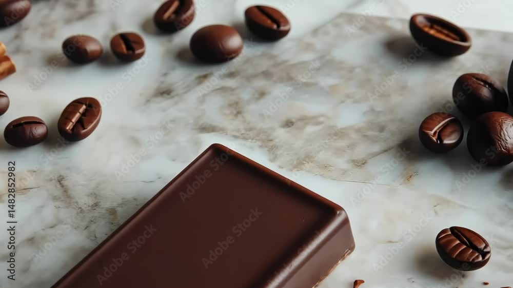 Chocolate bar and coffee beans on marble surface display movement