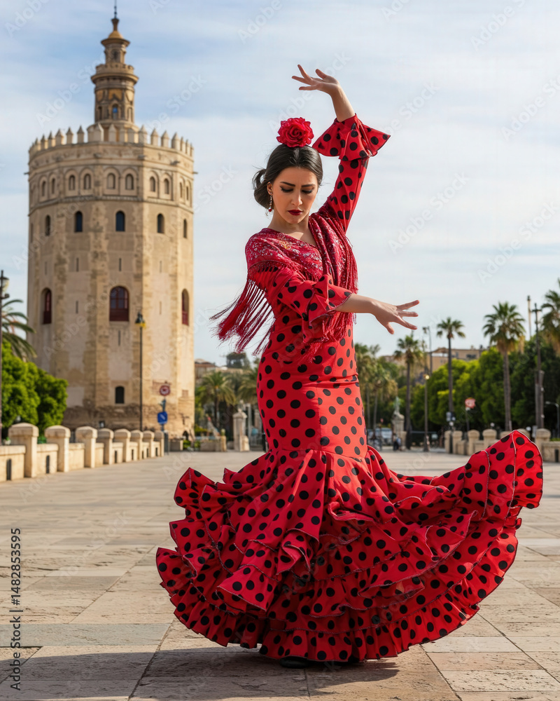 Fototapeta premium Graceful flamenco dancer in a red polka dot dress performing near Seville Torre del Oro, showcasing Andalusian culture and tradition.