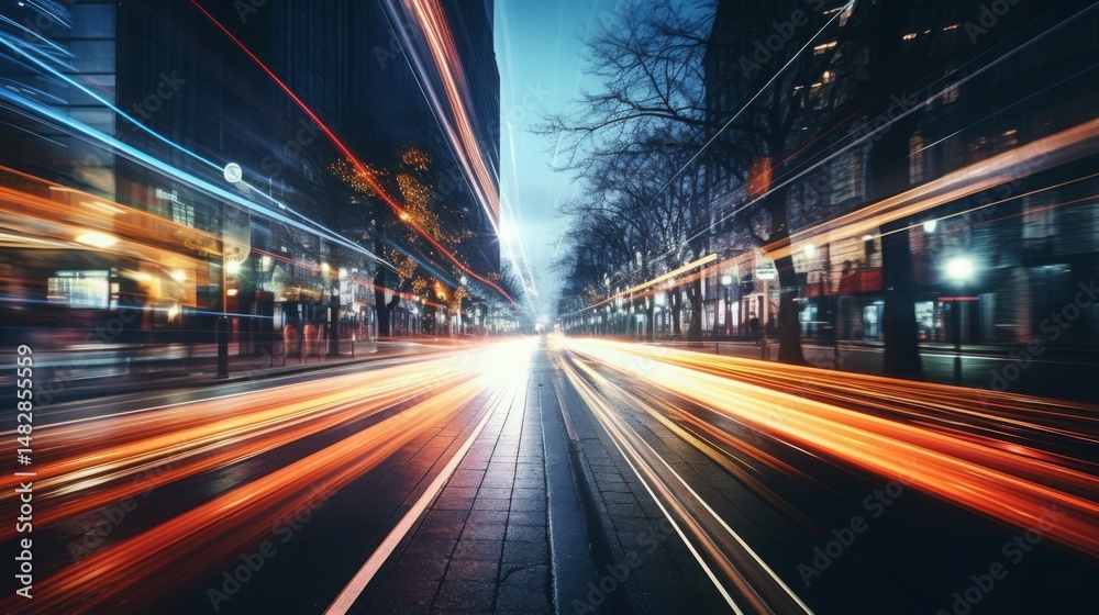 Obraz premium Blurred Motion Light Trails on Urban Street at Night with Vibrant Neon Glow and Dynamic Cityscape Energy