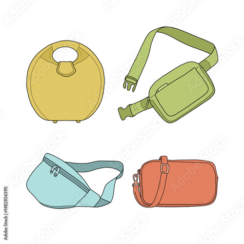 Set of colorful summer bags. Vector illustration of trendy handbags, crossbody bags, and belt bags. Stylish accessories for travel, vacation, and everyday use. Isolated on white.
