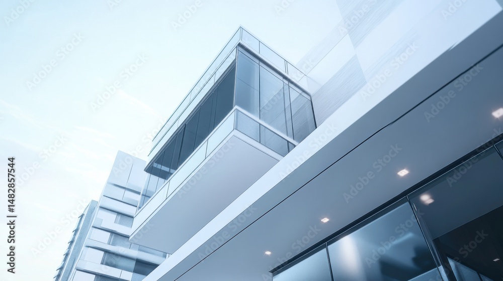 Fototapeta premium Clean design architecture of luxury residence, minimal aesthetic with flat surfaces, glass and white materials in suburban skyline
