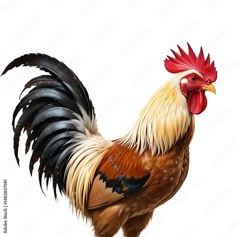 Fototapeta premium Rooster Strutting Proudly with Colorful Plumage on White Background