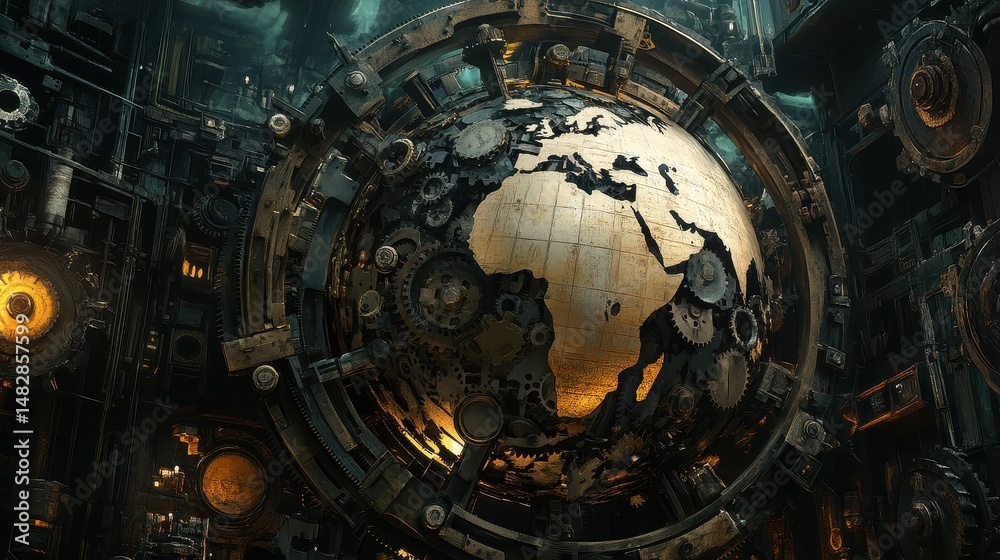 A Steampunk-inspired world trade scene, where gears and cogs form a mechanical globe, illustrating industrial-era global commerce reimagined with AI. A Steampunk-inspired world trade scene, where gears and cogs form a mechanical globe, illustrating industrial-era global commerce reimagined with AI.