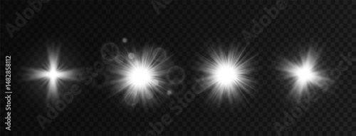 Png glowing flare and star sparkle effect with white glitter light flash glare on abstract background shine beam explosion vector magic design starlight