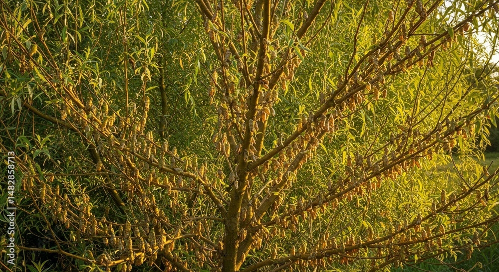 Fototapeta premium Golden Hour Sunlight Illuminates Willow Tree with Numerous Insect Cocoons