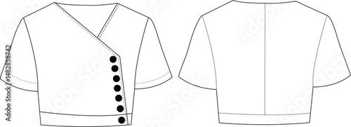 Asymmetrical Short Sleeve Wrap Top with Side Button Closure | Technical Fashion Illustration | Flat Apparel Template CAD | Front and Back Views