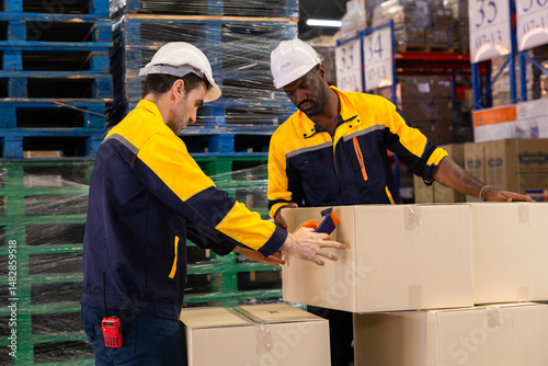 Warehouse operator maneuvers pallet jack to position stack of cardboard boxes for outgoing freight, keeping aisle clear beneath tall storage racks. African male, safety gear, diversity worker, safety
