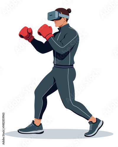 Man Wearing VR Headset and Boxing Gloves Isolated on White