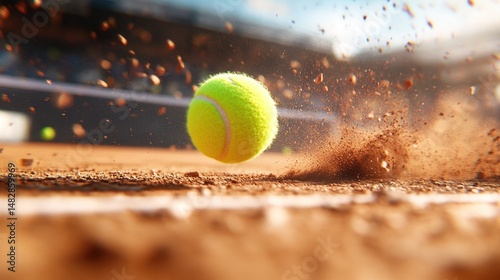 Tennis ball in mid-air, impacting a clay court