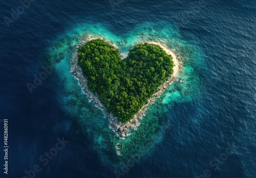 Heart Shaped Tropical Island Aerial View Lush Green Vegetation Turquoise Ocean