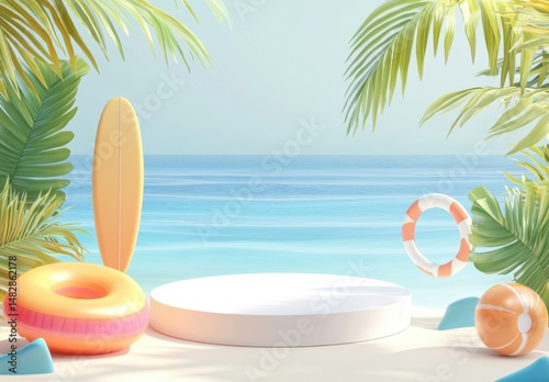 Tropical Beach Scene with Props and Calm Ocean Background