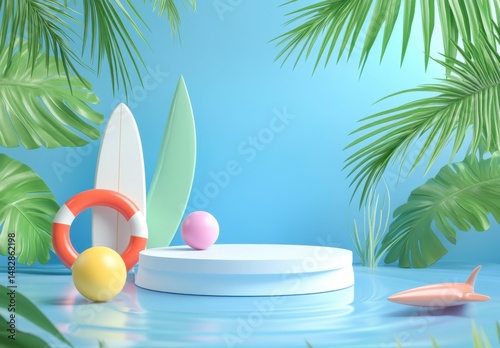 Vibrant Summer Scene with Surfboards, Pool Float, and Tropical Leaves