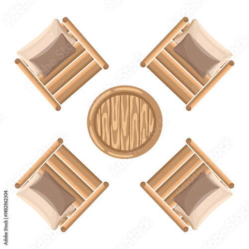 Outdoor wooden armchairs with table. Entourage design. Furniture for architectural landscape plans. Vector.