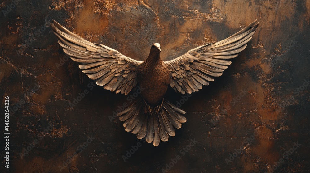 Obraz premium A bronze dove in flight, depicted against a textured background.