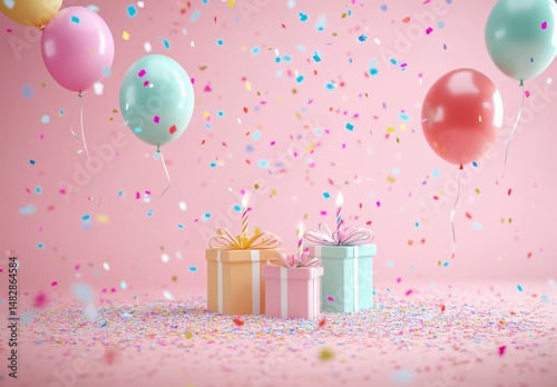 Colorful Birthday Celebration with Balloons and Confetti in Pastel