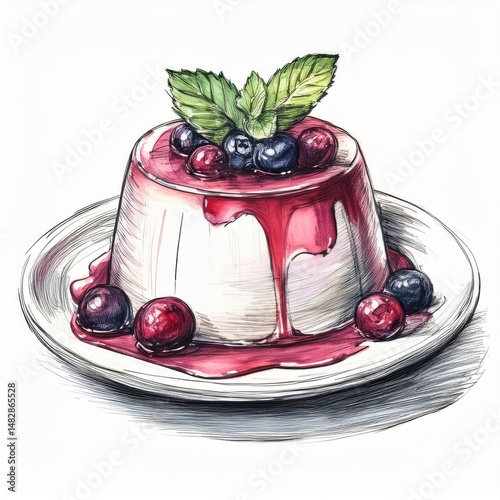hand-drawn sketch of panna cotta with berry coulis and fresh mint