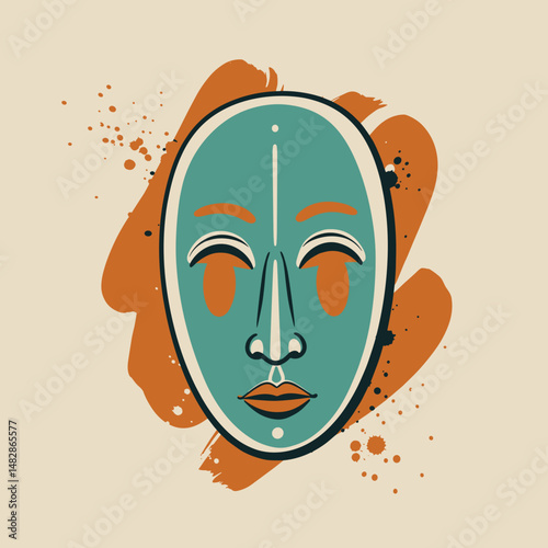 Stylized artistic mask with colorful splashes on a beige background
