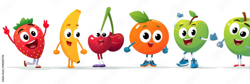 Fototapeta premium Cartoon fruits showcasing cheerful expressions and lively personalities