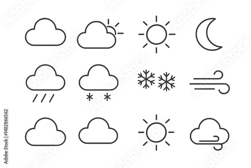 Weather icons representing various atmospheric conditions including sun, clouds, rain, and snow, suitable for weather applications and education