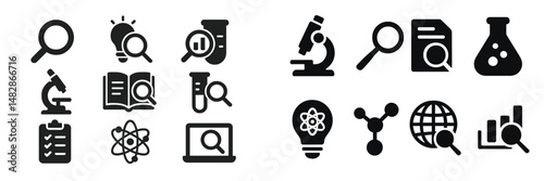 Icons representing scientific research, analysis, and exploration in a minimalist design suitable for educational materials