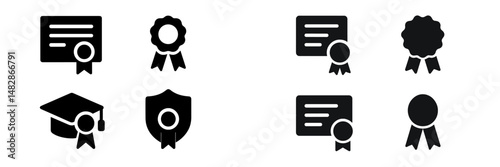 Symbols of achievement and recognition displayed in a simple design featuring certificates, diplomas, and awards on a minimalist background