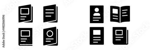 Icons depicting various types of booklets, brochures, and documents in a simple black and white style for design and communication purposes