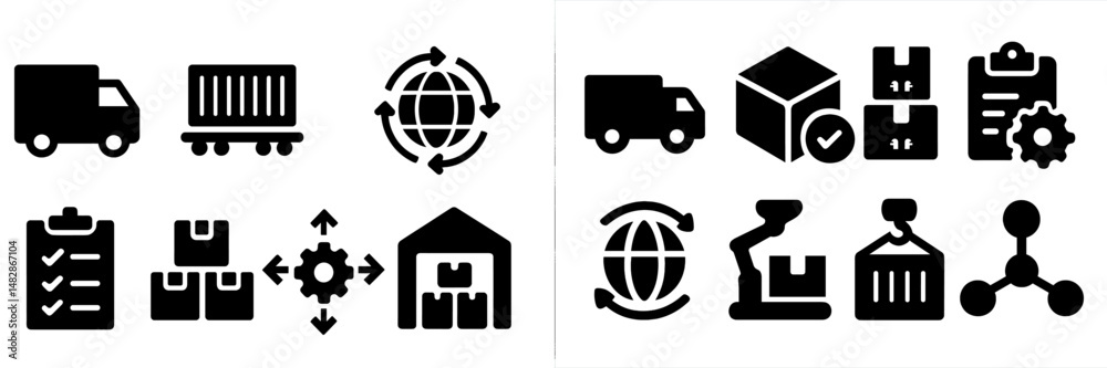 Fototapeta premium Icons representing logistics, supply chain management, and warehouse operations in a modern setting