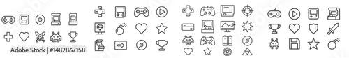 Gaming icons and symbols showing diverse elements of video game culture and activities in modern entertainment design