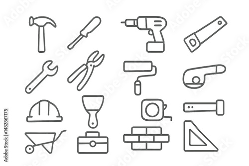 Tools and equipment arranged in an organized manner for a construction or DIY project