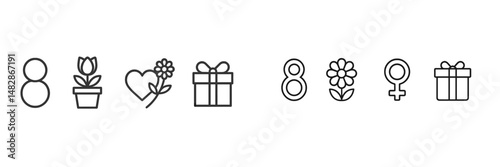 Unique collection of minimalist icons illustrating love, plants, gifts, and femininity in a modern design