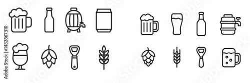 Collection of modern beer icons featuring bottles, glasses, hops, and brewing equipment in vector style