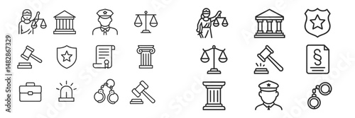 Symbols representing law enforcement, justice, and legal systems in black line art designs featuring police, courts, and legal tools