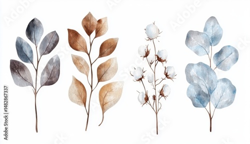 Watercolor Leaves and Flowers Illustration for Decorative Use