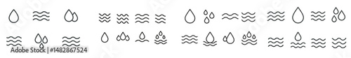 Symbolic representation of water elements with waves and raindrop motifs in a minimalist design format