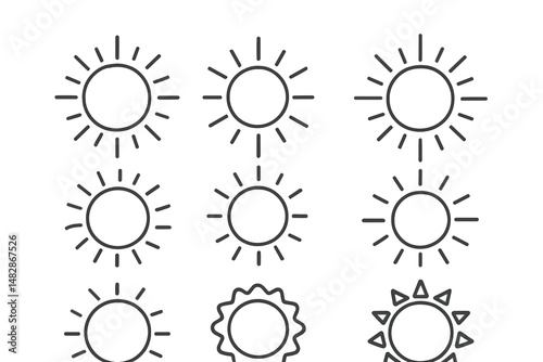 Various sun illustrations showcasing different designs and styles in a grid layout on a light background