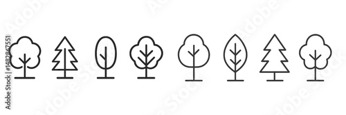 Unique collection of tree silhouettes representing various types found in forests and parks