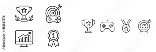 Gaming achievements and awards represented through various icons and symbols in a digital design