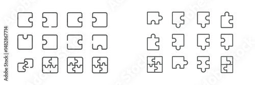 Various puzzle piece designs arranged in grids on a white background showcasing unique shapes and configurations