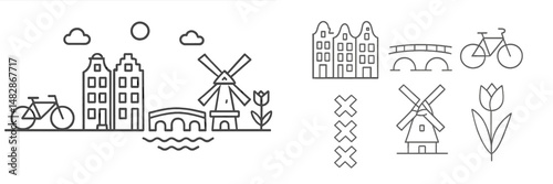 Iconic landmarks and nature elements of Amsterdam depicted in minimalist black and white illustrations