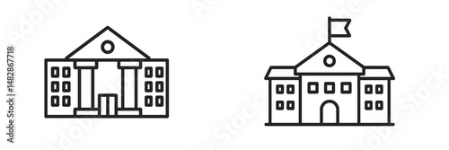 Two distinct building outlines represent the styles of modern and traditional architecture in a minimalist design