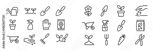 Gardening tools and activities illustrated with various icons for planting, watering, and nurturing plants at home